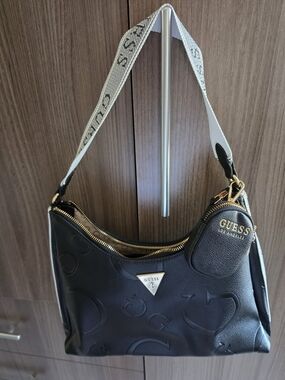 GUESS Hobo Black Logo-Embossed Shoulder Bag with White Branded Strap